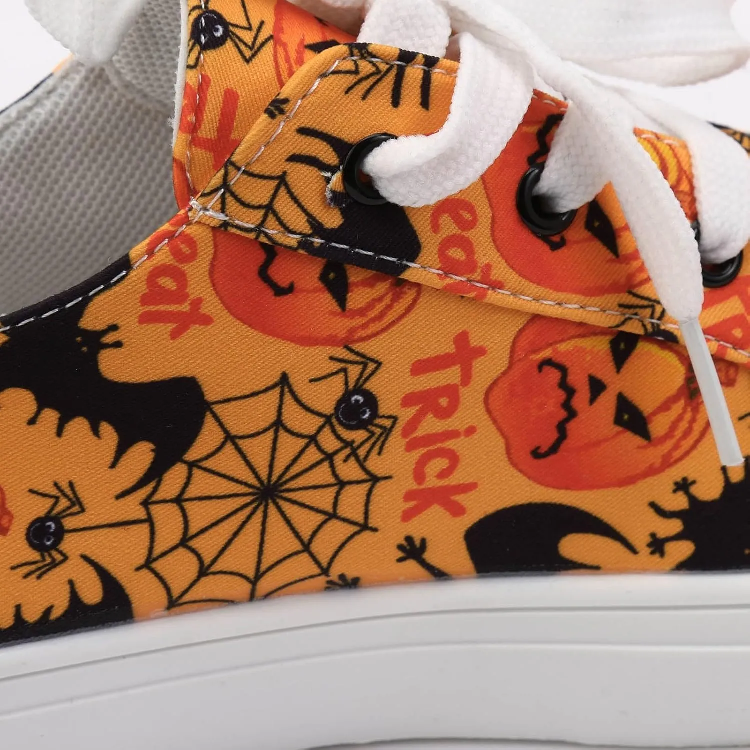2024 Women's Fashion Halloween Canvas Shoes,Slip-On Flats Pumpkin Shoes,Canvas Low Top Sneakers,Skeleton Pumpkin Printed Lace Up Flat Walking Shoes,Casual Lace Up Low Top Sneakers