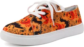 2024 Women's Fashion Halloween Canvas Shoes,Slip-On Flats Pumpkin Shoes,Canvas Low Top Sneakers,Skeleton Pumpkin Printed Lace Up Flat Walking Shoes,Casual Lace Up Low Top Sneakers