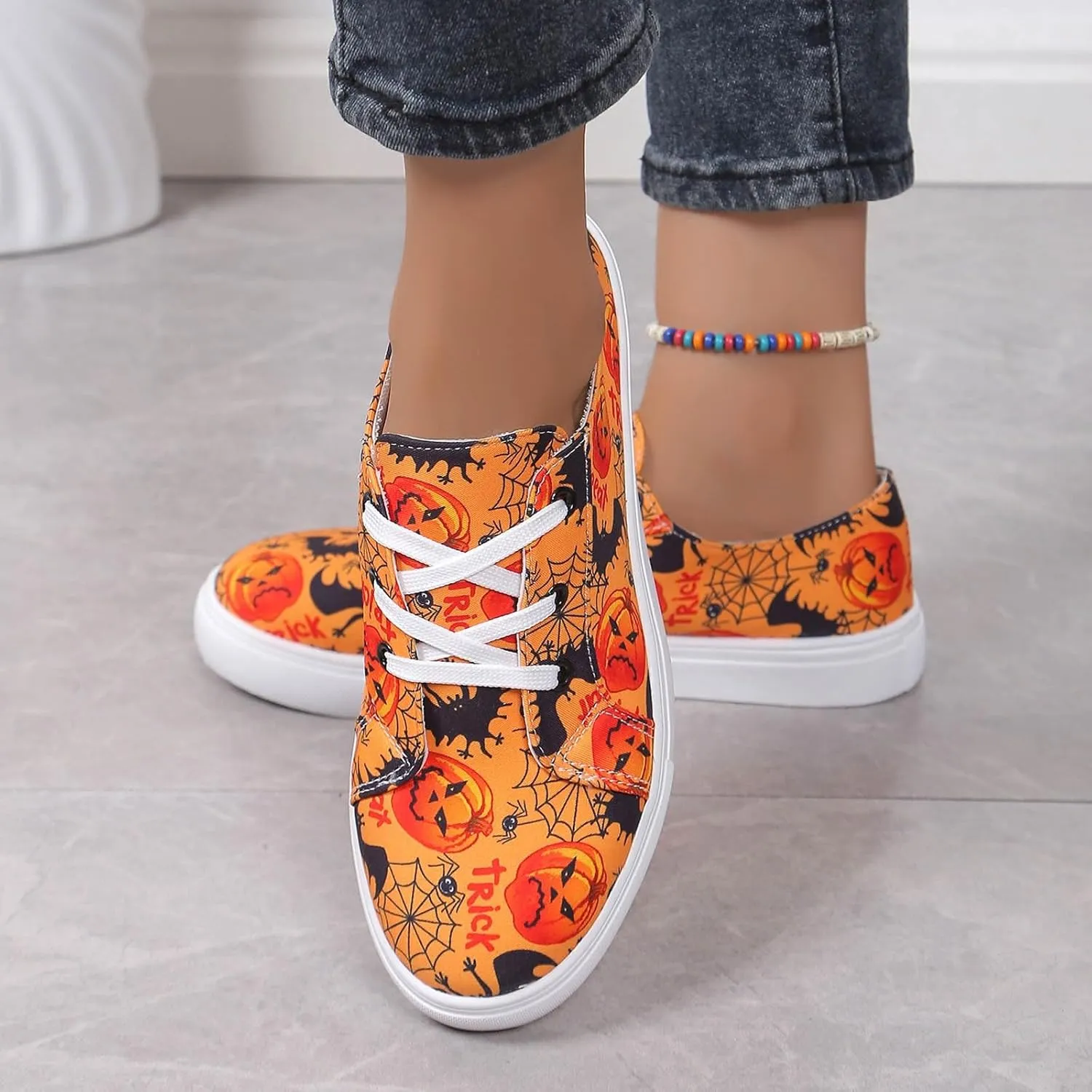 2024 Women's Fashion Halloween Canvas Shoes,Slip-On Flats Pumpkin Shoes,Canvas Low Top Sneakers,Skeleton Pumpkin Printed Lace Up Flat Walking Shoes,Casual Lace Up Low Top Sneakers
