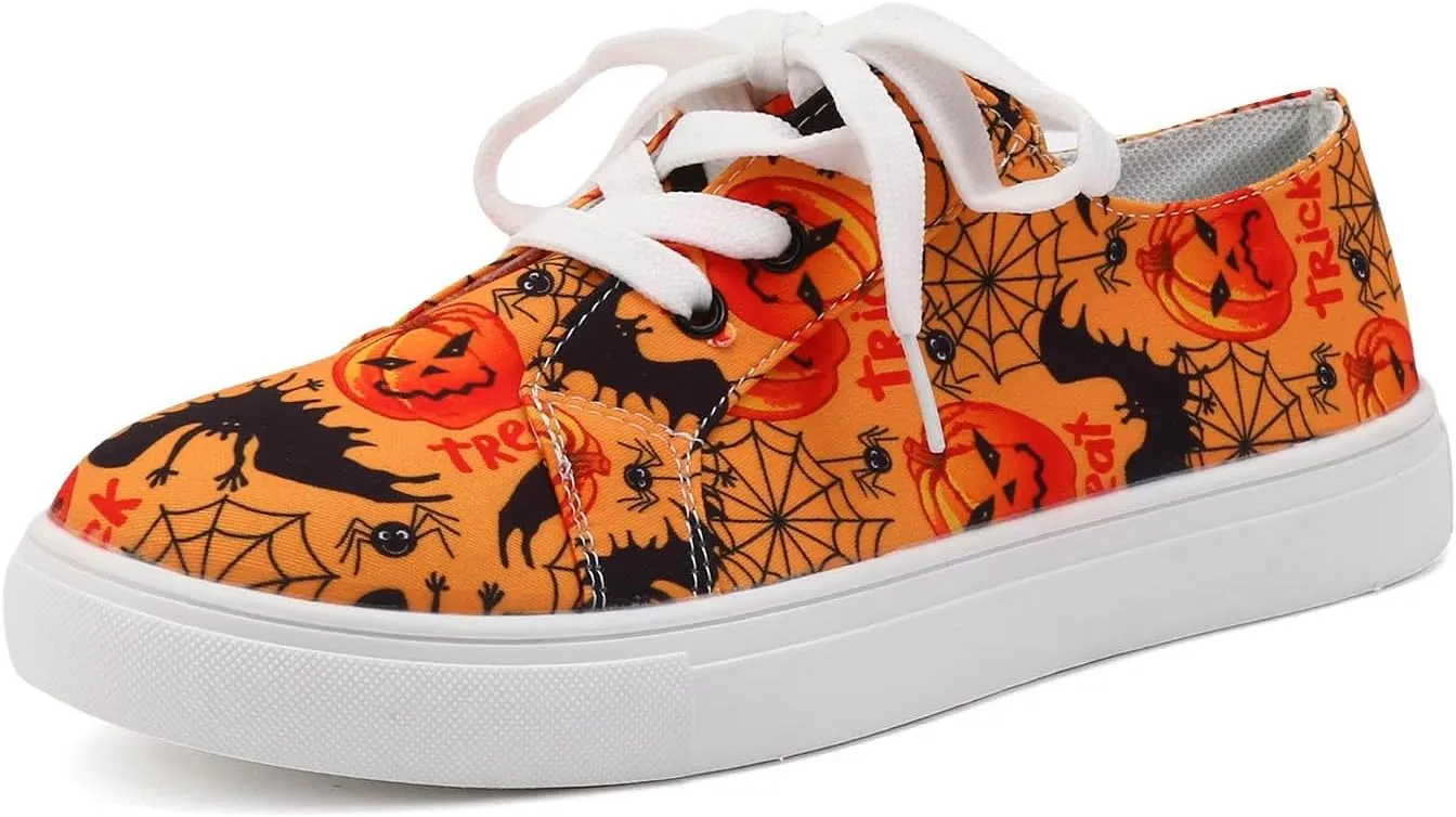 2024 Women's Fashion Halloween Canvas Shoes,Slip-On Flats Pumpkin Shoes,Canvas Low Top Sneakers,Skeleton Pumpkin Printed Lace Up Flat Walking Shoes,Casual Lace Up Low Top Sneakers