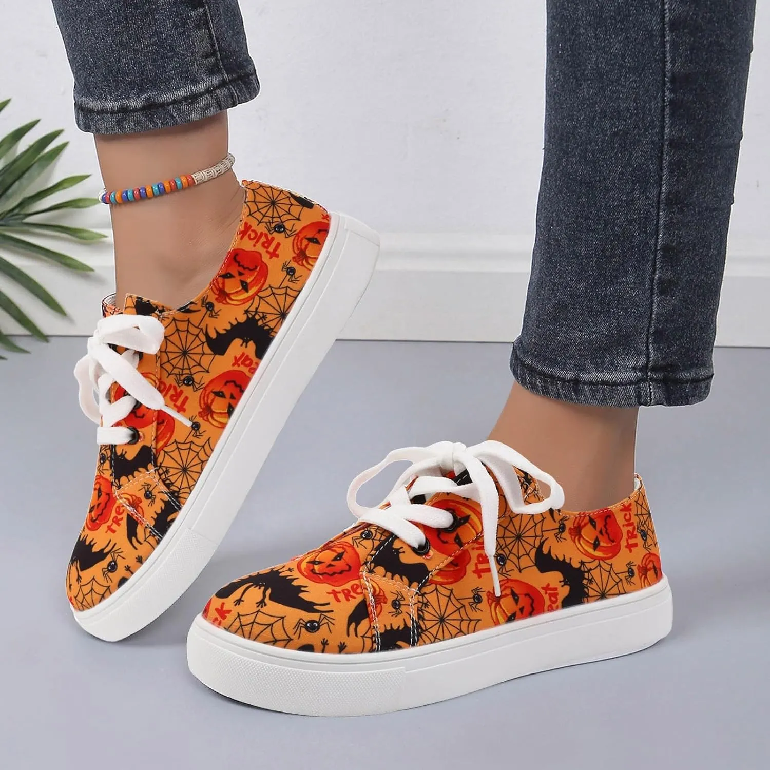 2024 Women's Fashion Halloween Canvas Shoes,Slip-On Flats Pumpkin Shoes,Canvas Low Top Sneakers,Skeleton Pumpkin Printed Lace Up Flat Walking Shoes,Casual Lace Up Low Top Sneakers