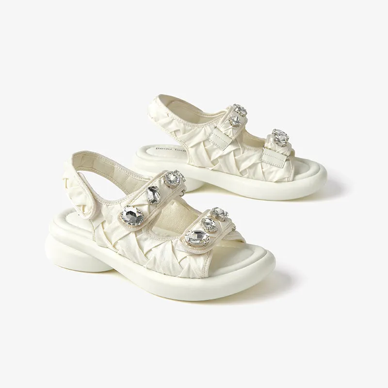 BeauToday Stylish Diamond Decoration Velcro Chunky Sandals for Women