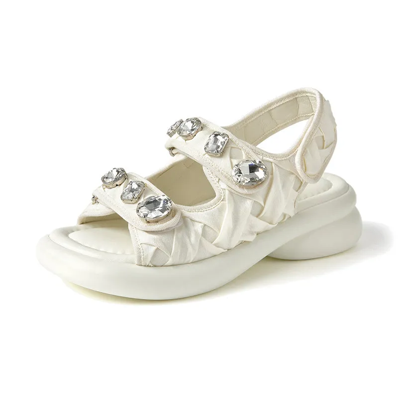 BeauToday Stylish Diamond Decoration Velcro Chunky Sandals for Women