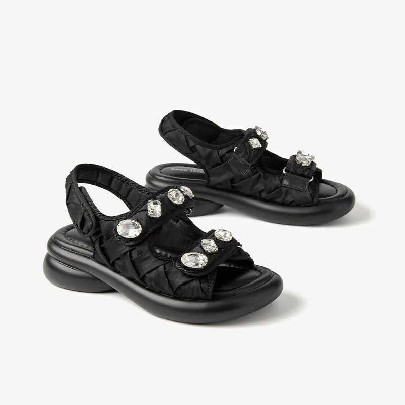 BeauToday Stylish Diamond Decoration Velcro Chunky Sandals for Women