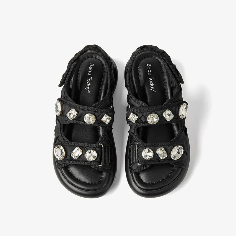 BeauToday Stylish Diamond Decoration Velcro Chunky Sandals for Women