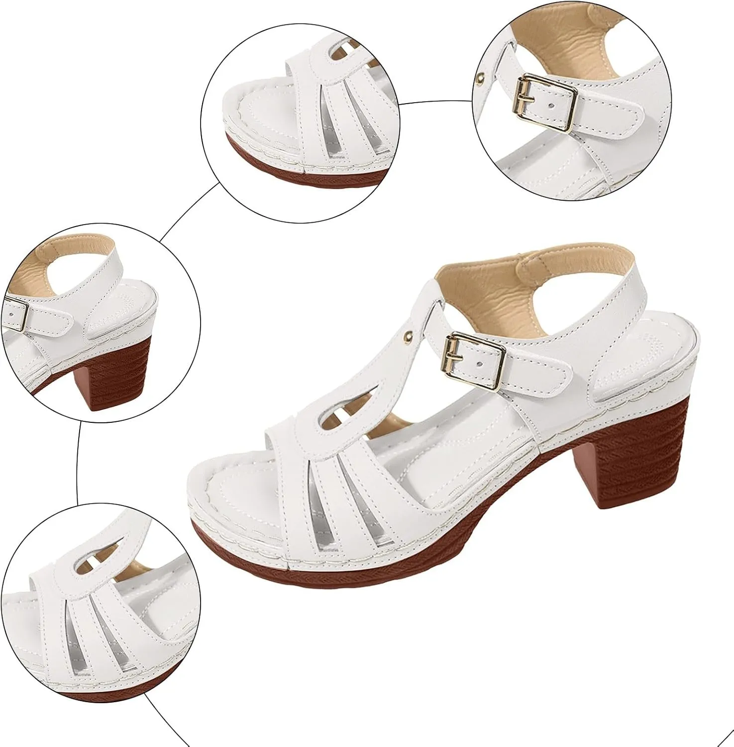 Chunky High Heels Sandals for Womens 2025 Open Toe Solid Color Hollow Classic Casual Chunky Heeled Sandals Summer T-strap Adjustable Ankle Strap Summer Fashionable Comfy Dressy Heel Sandal