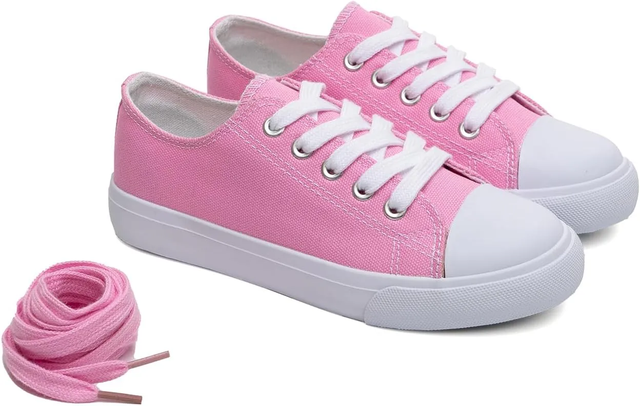 Classic Unisex Low-Top Canvas Sneakers  Boys Girls and Toddler Casual Lace-Up Shoes with Rubber Sole, Includes Extra White Shoelaces