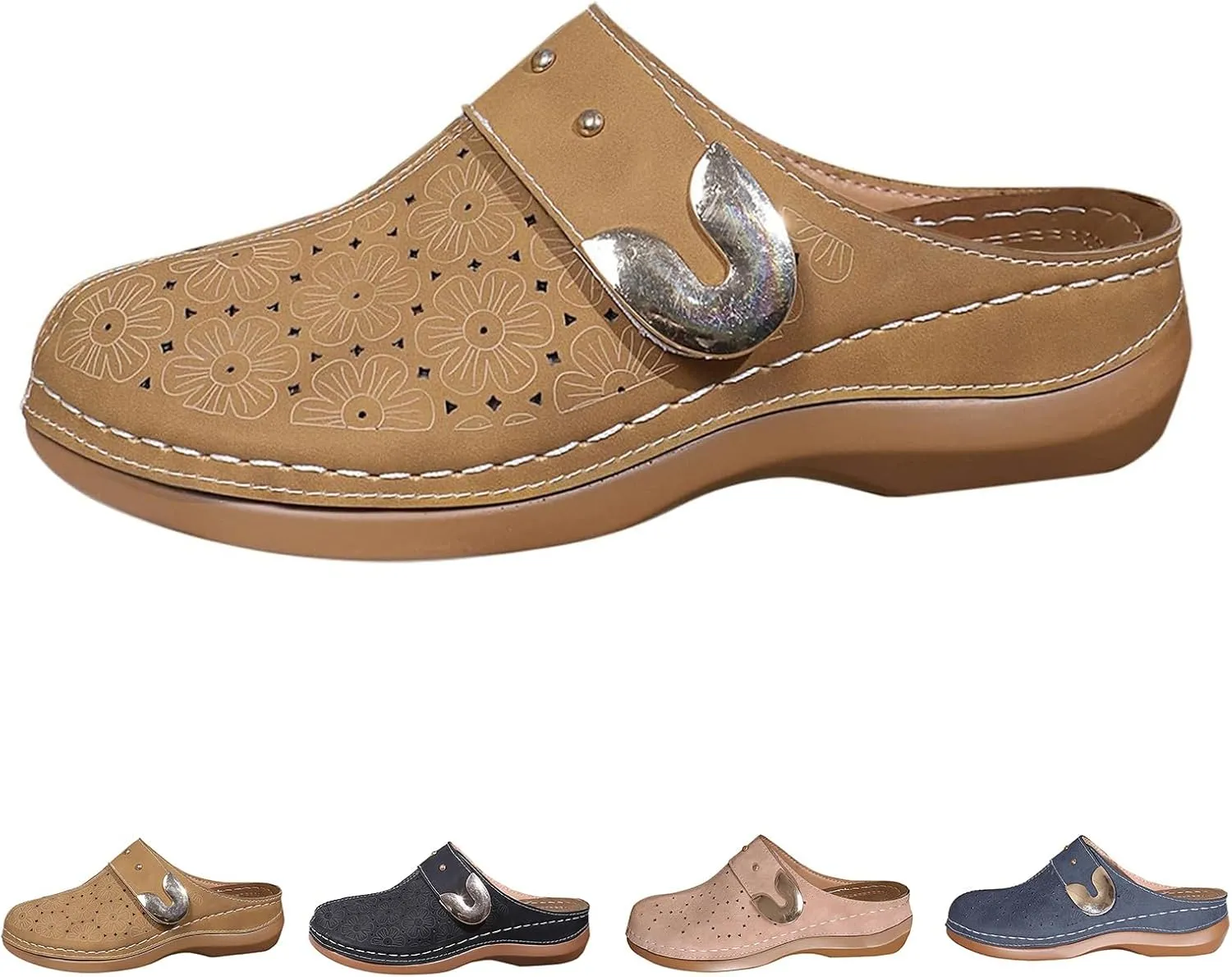 Clogs for Women Mules Shoes Closed Toe Slip-On Shoe Comfortable Arch Support Sandals Summer Breathable Walking Shoes Backless Low Wedge Slippers with Carved Floral Design