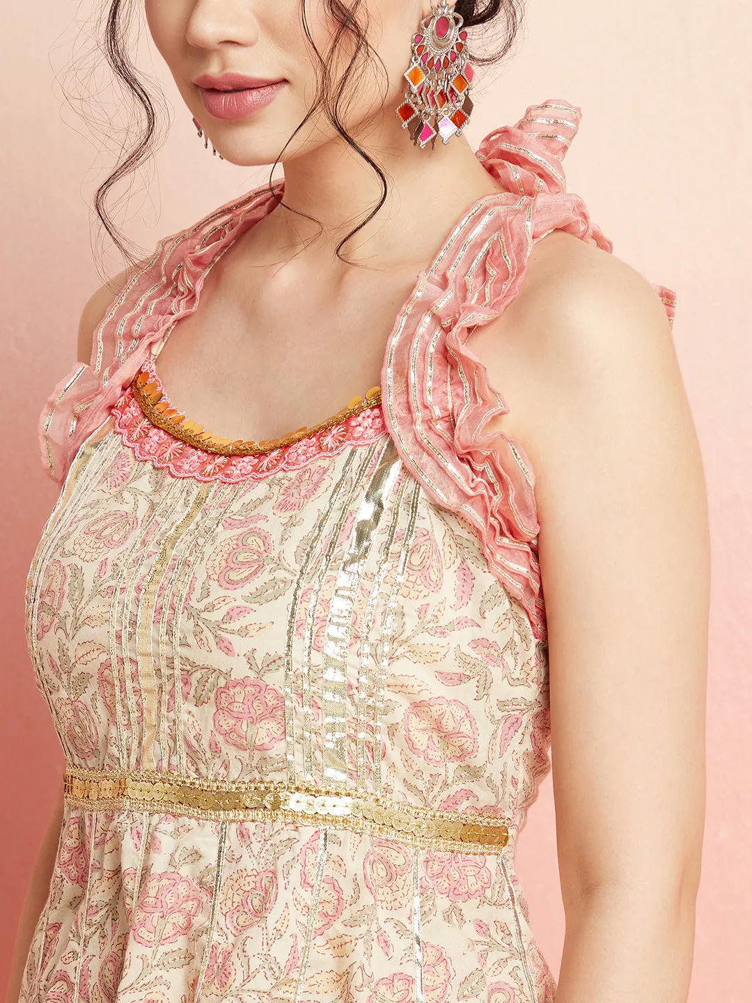 Cream & Peach Floral Print Kurta Sharara With Dupatta