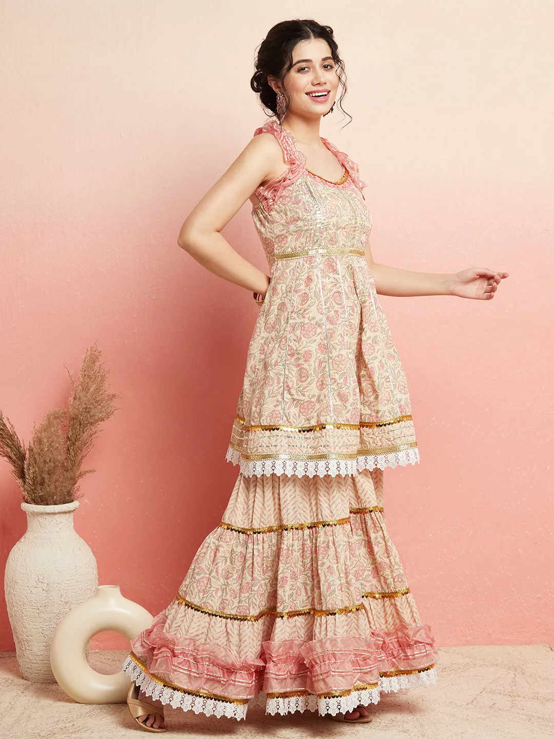 Cream & Peach Floral Print Kurta Sharara With Dupatta