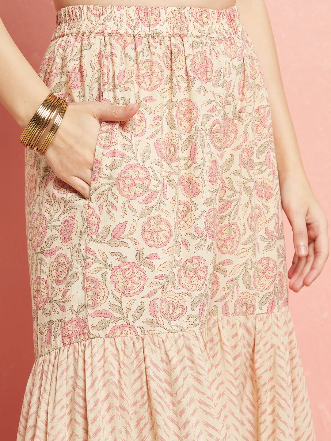 Cream & Peach Floral Print Kurta Sharara With Dupatta