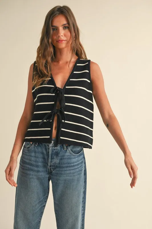 Harley Sleeveless Bow Tie Stripe Print Vest Black