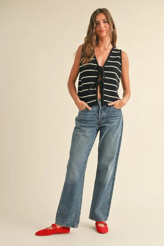 Harley Sleeveless Bow Tie Stripe Print Vest Black