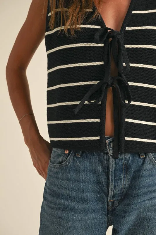Harley Sleeveless Bow Tie Stripe Print Vest Black