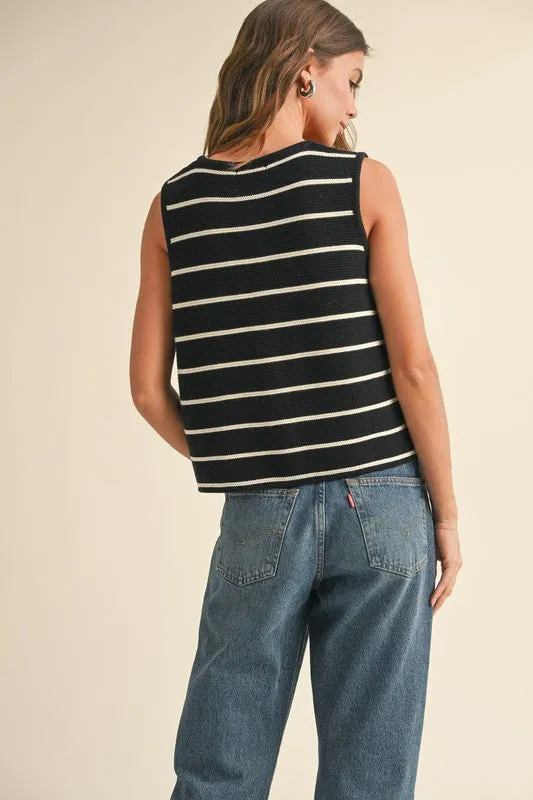 Harley Sleeveless Bow Tie Stripe Print Vest Black