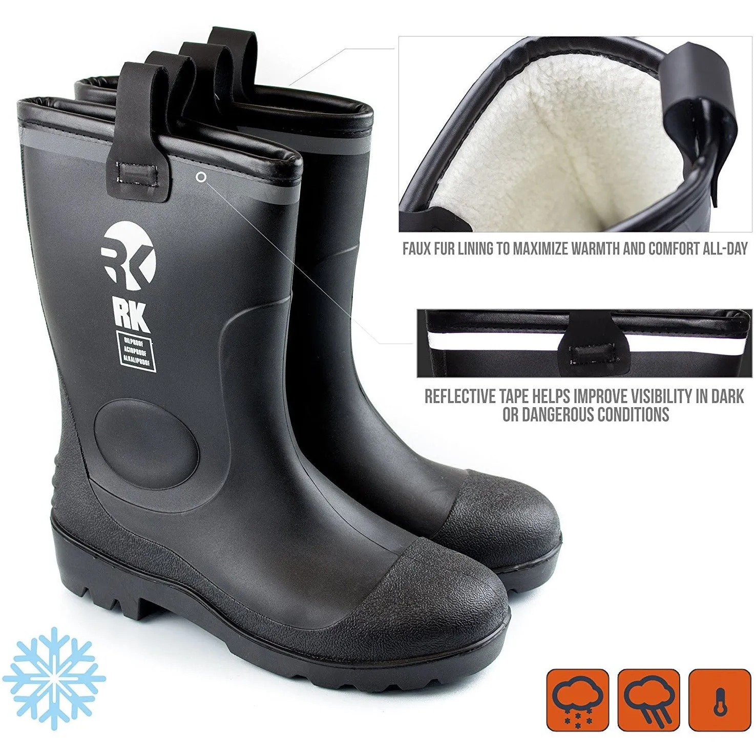 Insulated Waterproof Fur Interior Rubber Sole Winter Rain Boots-RKBW-BK