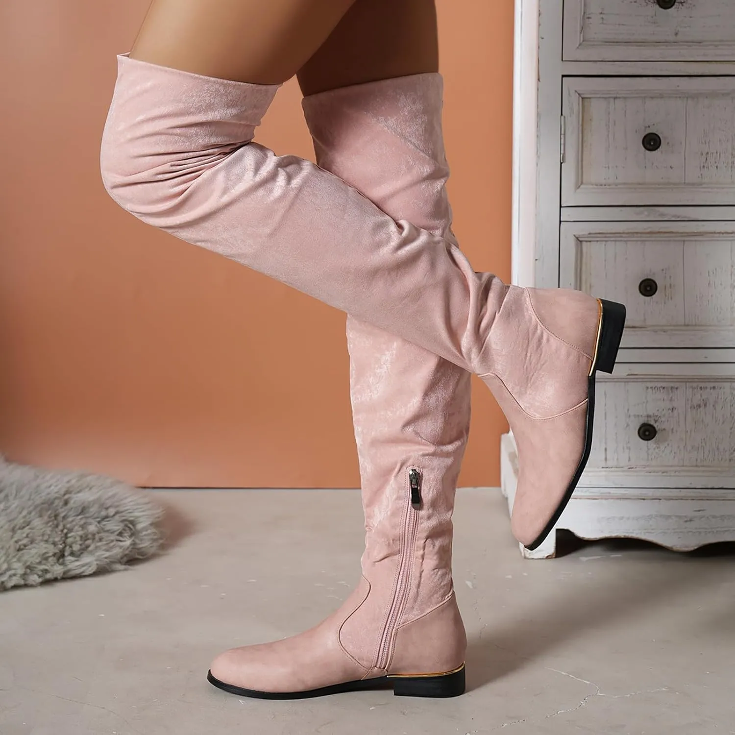 Knee Length Boots for Women's New European and Large Size Boots for Women's Foreign Trade Suede Stitching Thick Heels Fashion Boots Thigh High Platform Boots for Women