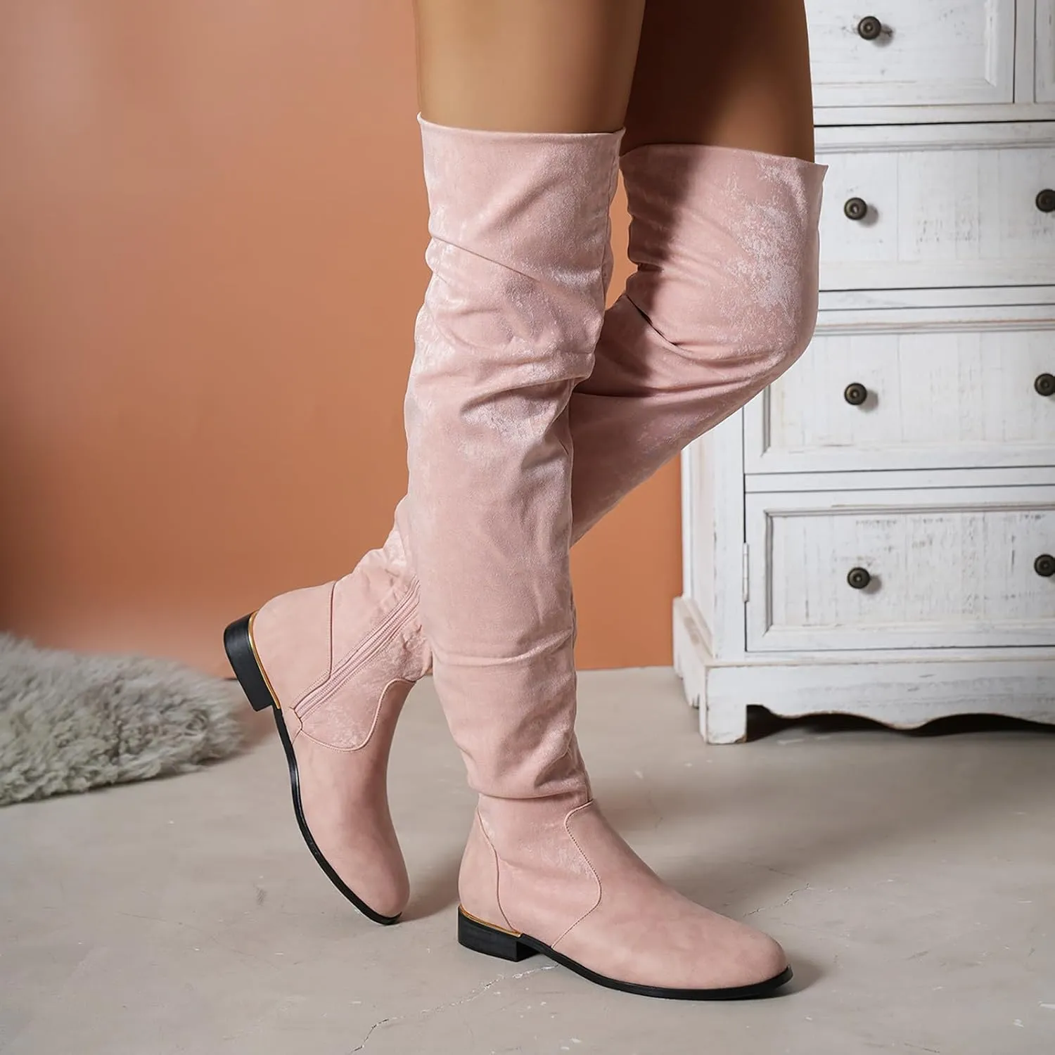Knee Length Boots for Women's New European and Large Size Boots for Women's Foreign Trade Suede Stitching Thick Heels Fashion Boots Thigh High Platform Boots for Women