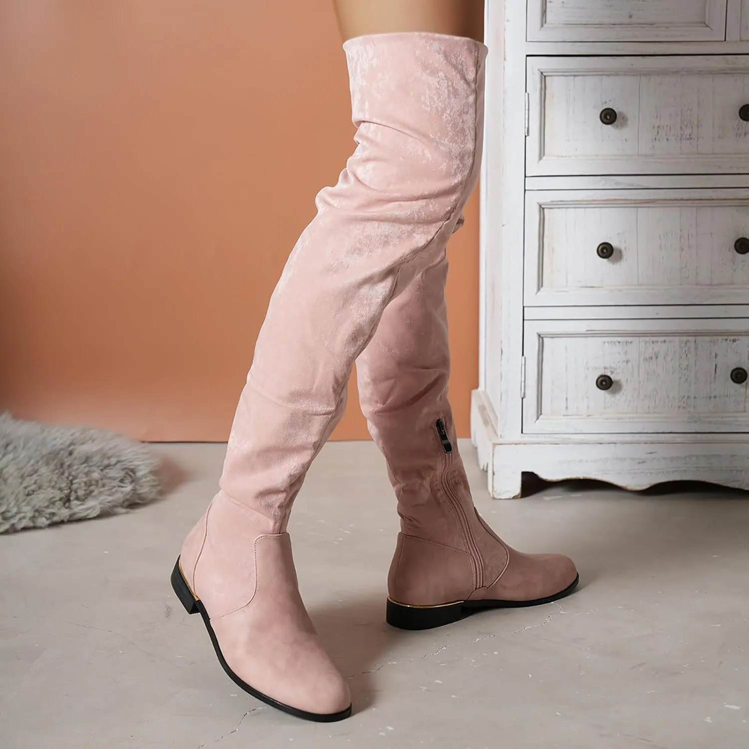 Knee Length Boots for Women's New European and Large Size Boots for Women's Foreign Trade Suede Stitching Thick Heels Fashion Boots Thigh High Platform Boots for Women