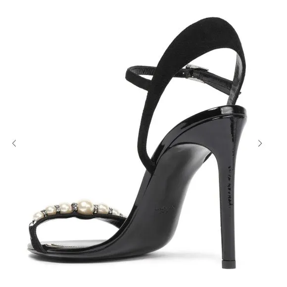 Lanvin Saes Black Suede Pearl Fashion Embellished Ankle Suede High Heel Sandals
