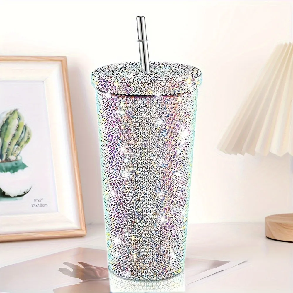 Luxury Rhinestone-Embellished Stainless Steel Tumbler - Insulated & Leakproof With Lid For Hot And Cold Drinks, Perfect For Outdoor Activities