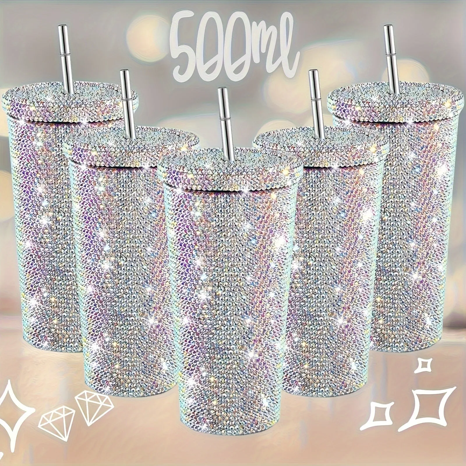 Luxury Rhinestone-Embellished Stainless Steel Tumbler - Insulated & Leakproof With Lid For Hot And Cold Drinks, Perfect For Outdoor Activities