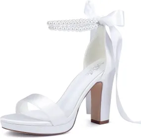 Platform Heels Wedding Shoes for Bride Pearl Heels Open Toe Bridal Shoes Wedding Heeled Sandals