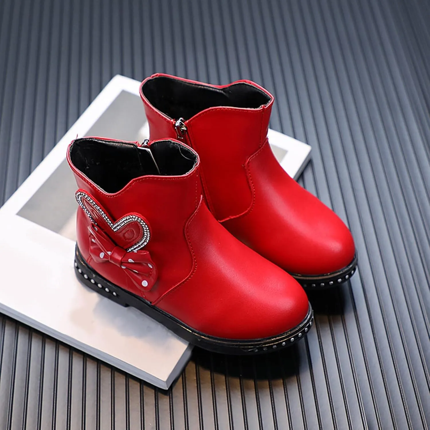 PU Leather Lace Bowknot Zipper Princess Shoes Non-Slip Fur Lined Winter Boots for Little Kid/Big Kid Girls 4-12 Years