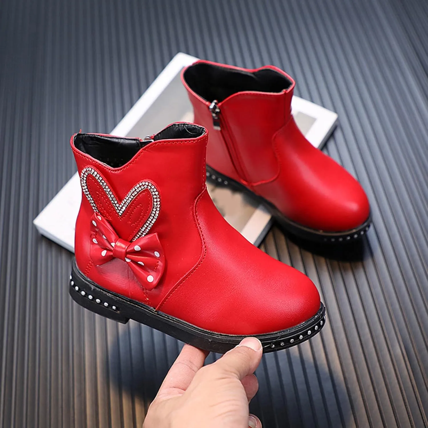 PU Leather Lace Bowknot Zipper Princess Shoes Non-Slip Fur Lined Winter Boots for Little Kid/Big Kid Girls 4-12 Years