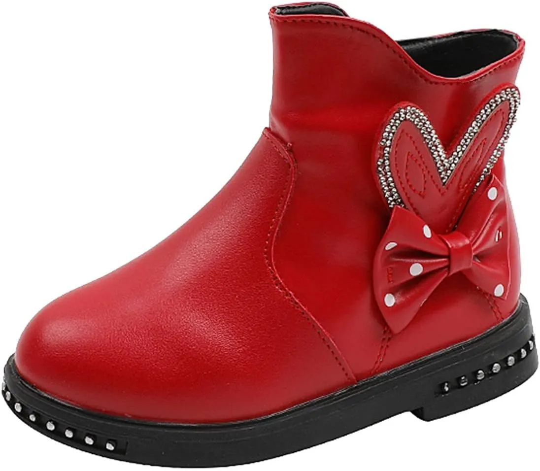 PU Leather Lace Bowknot Zipper Princess Shoes Non-Slip Fur Lined Winter Boots for Little Kid/Big Kid Girls 4-12 Years
