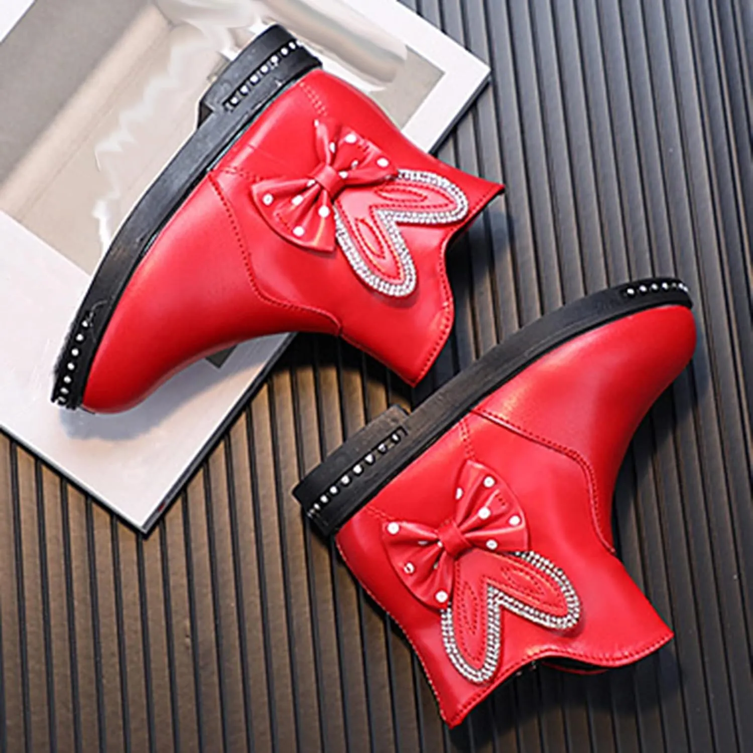 PU Leather Lace Bowknot Zipper Princess Shoes Non-Slip Fur Lined Winter Boots for Little Kid/Big Kid Girls 4-12 Years