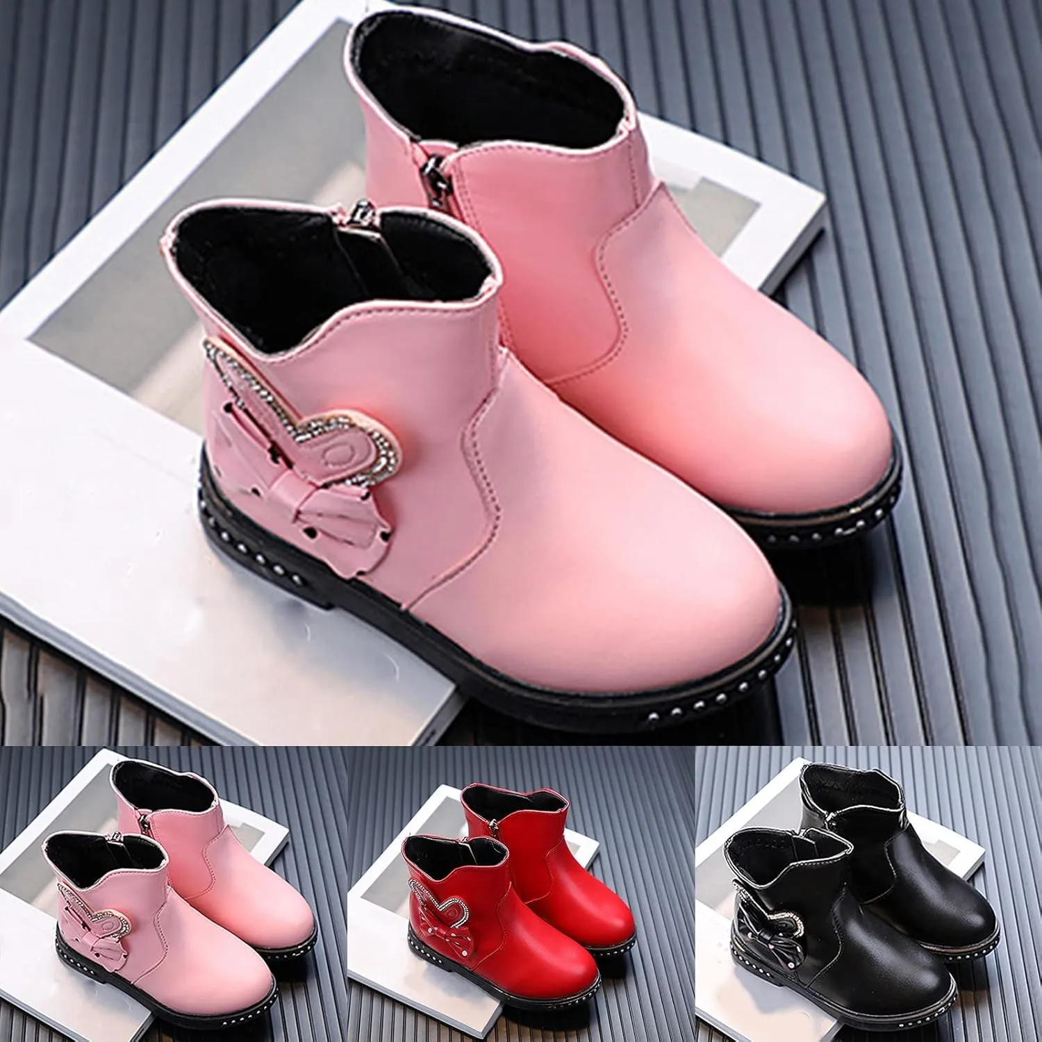 PU Leather Lace Bowknot Zipper Princess Shoes Non-Slip Fur Lined Winter Boots for Little Kid/Big Kid Girls 4-12 Years