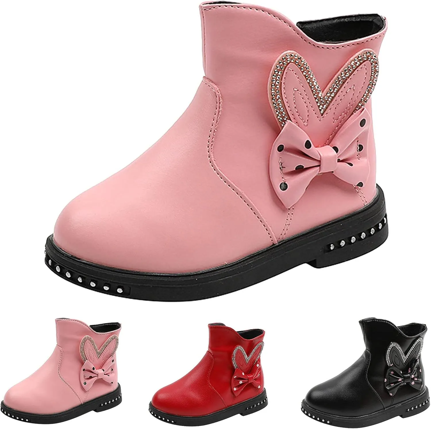 PU Leather Lace Bowknot Zipper Princess Shoes Non-Slip Fur Lined Winter Boots for Little Kid/Big Kid Girls 4-12 Years