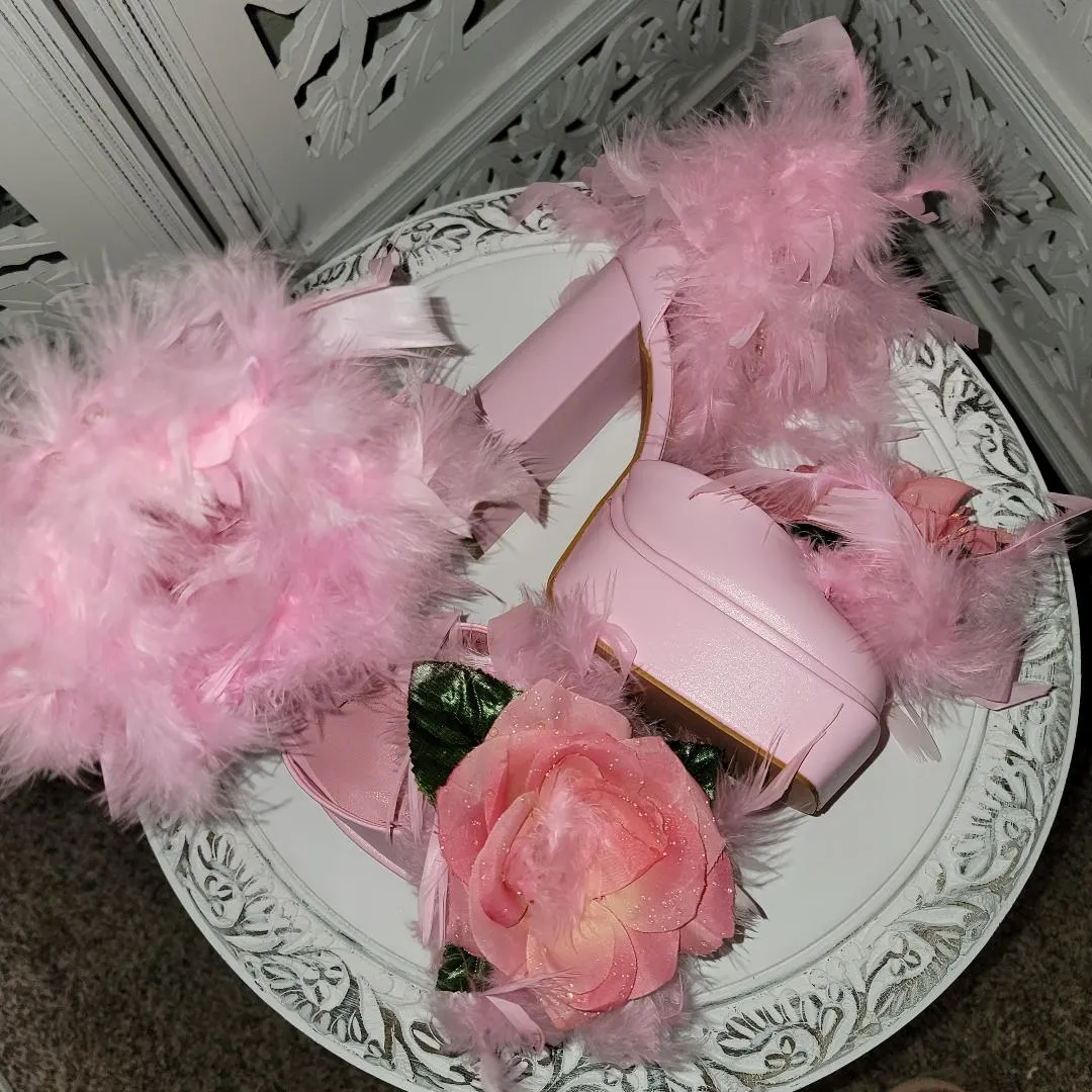 "GiGi" Pink Platform Ankle Strap Rose Feather Heels
