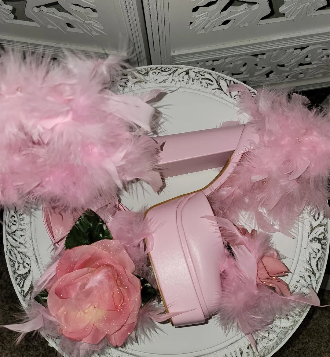 "GiGi" Pink Platform Ankle Strap Rose Feather Heels