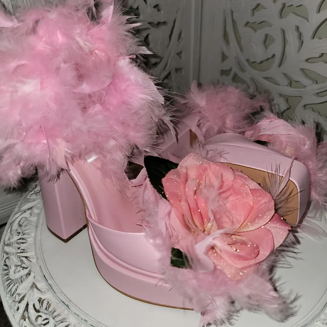 "GiGi" Pink Platform Ankle Strap Rose Feather Heels