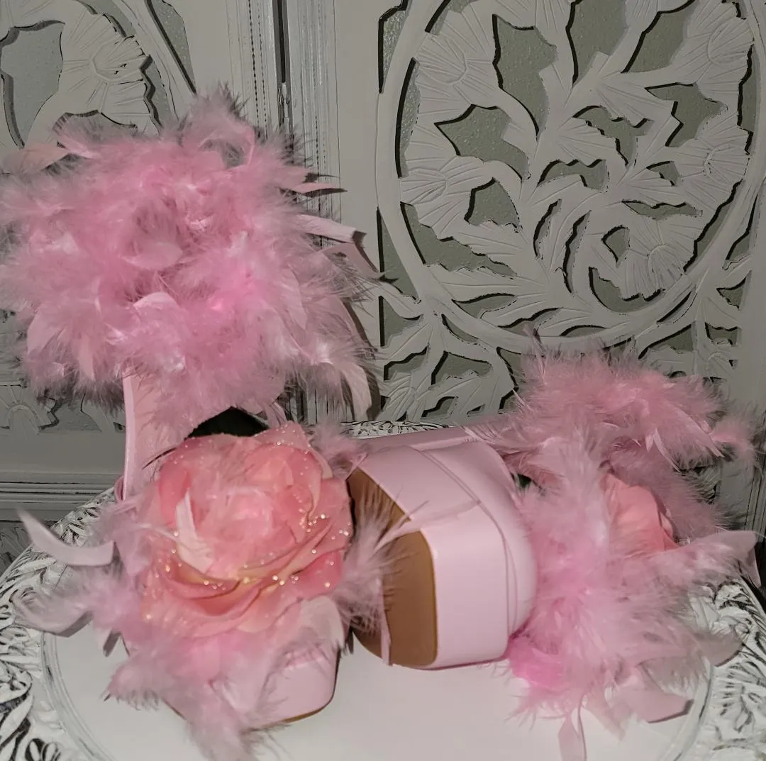 "GiGi" Pink Platform Ankle Strap Rose Feather Heels