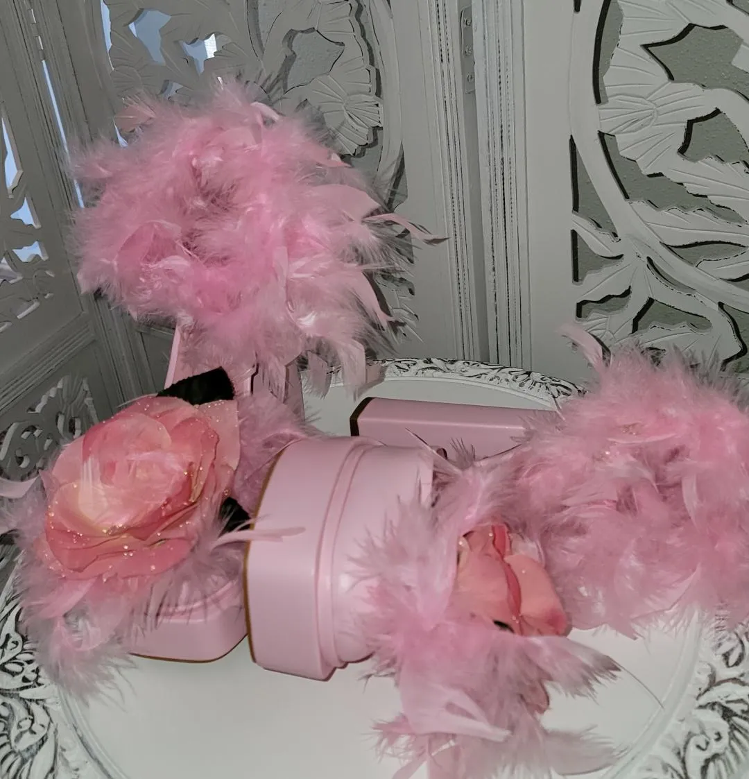 "GiGi" Pink Platform Ankle Strap Rose Feather Heels