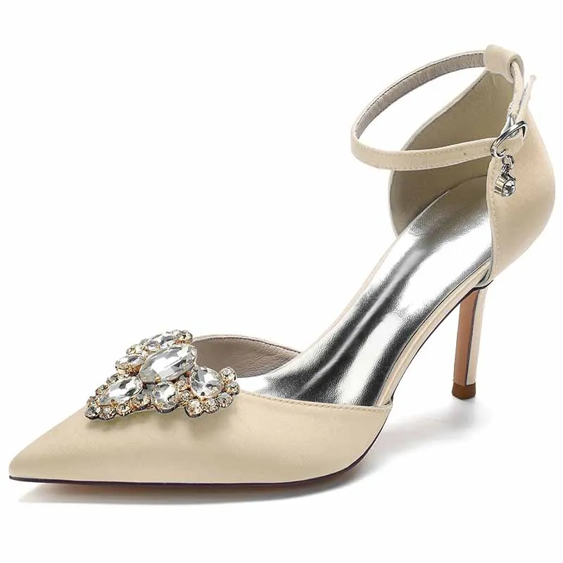 Rhinestone Ankle Strap Heeled Sandals Satin Pointy Toe Stilettos Wedding Shoes Women