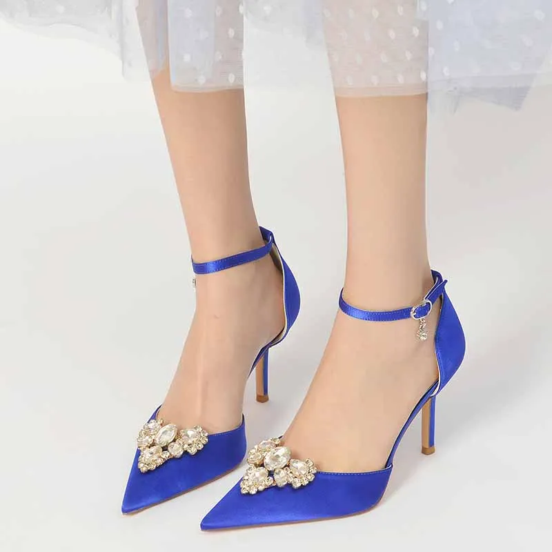 Rhinestone Ankle Strap Heeled Sandals Satin Pointy Toe Stilettos Wedding Shoes Women