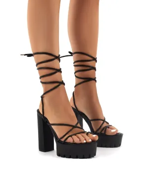 Spaghetti Black Lace Up Cleated Platform Block High Heels