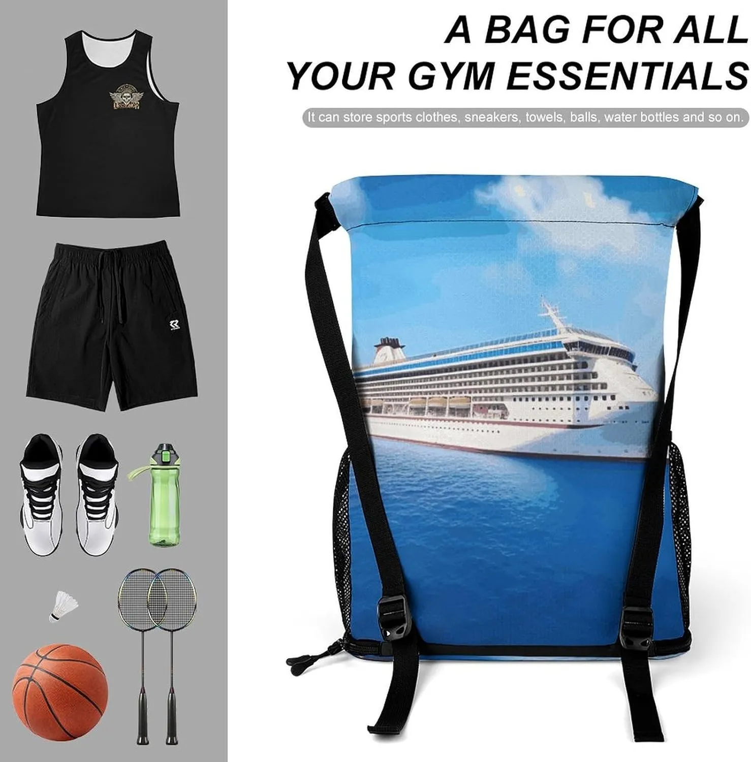 Sports Drawstring Backpack Lightweight Small Gym Bag Cruise Ship Gym Sackpack for Women Men