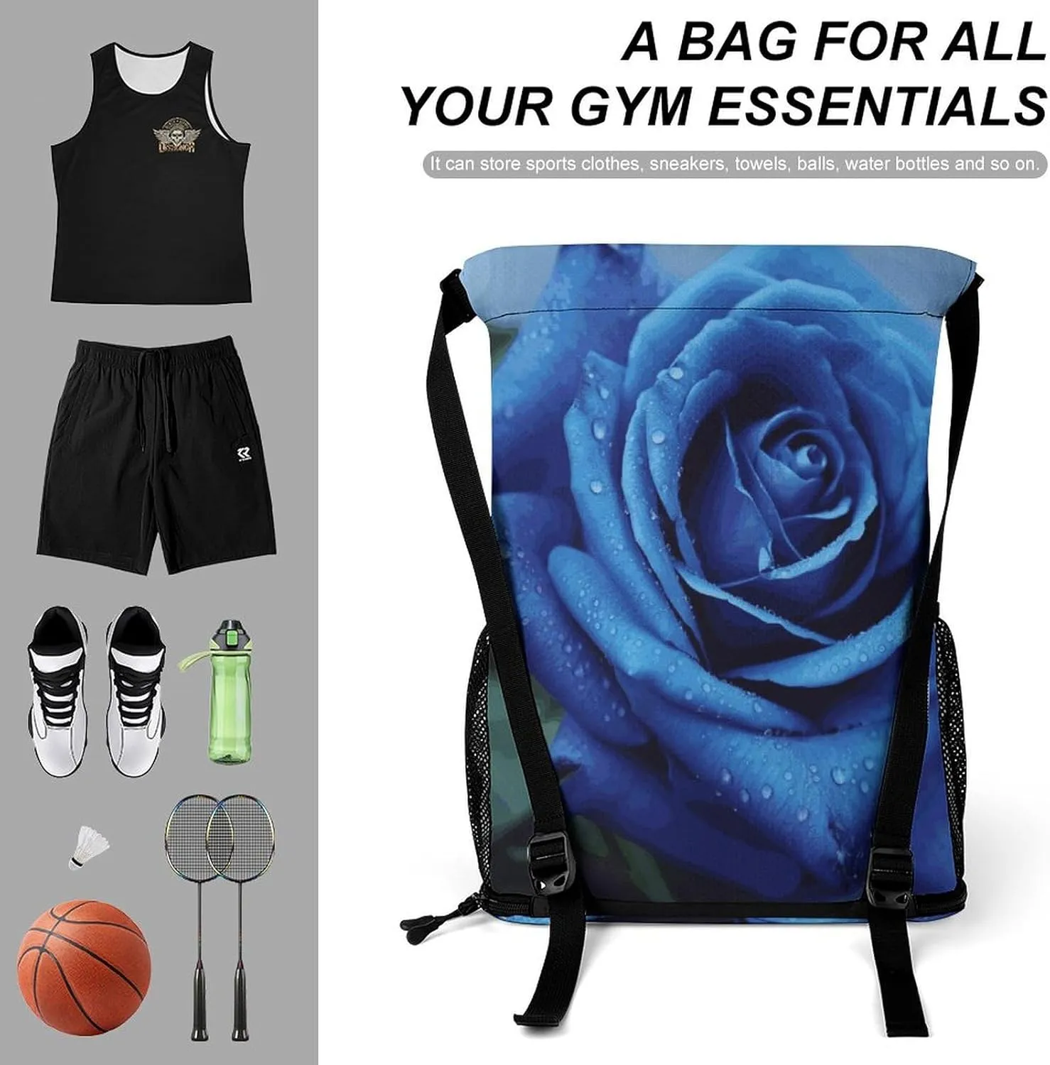 Sports Drawstring Backpack Lightweight Small Gym Bag Romantic Blue Rose Gym Sackpack for Women Men