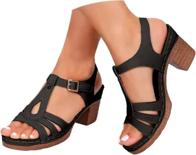 Summer Sandals for Women 2025 Open Toe Solid Color Hollow Classic Casual Chunky Heeled Comfortable Fashionable High Heels Shoes for Beach Vacation Travel Walking