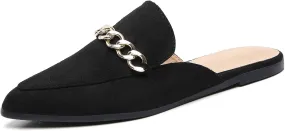 Tilocow Chain Mules for Women Round Toe Backless Flat Mules Comfortable Slides Mules Shoes Ladies Slip-on Loafers