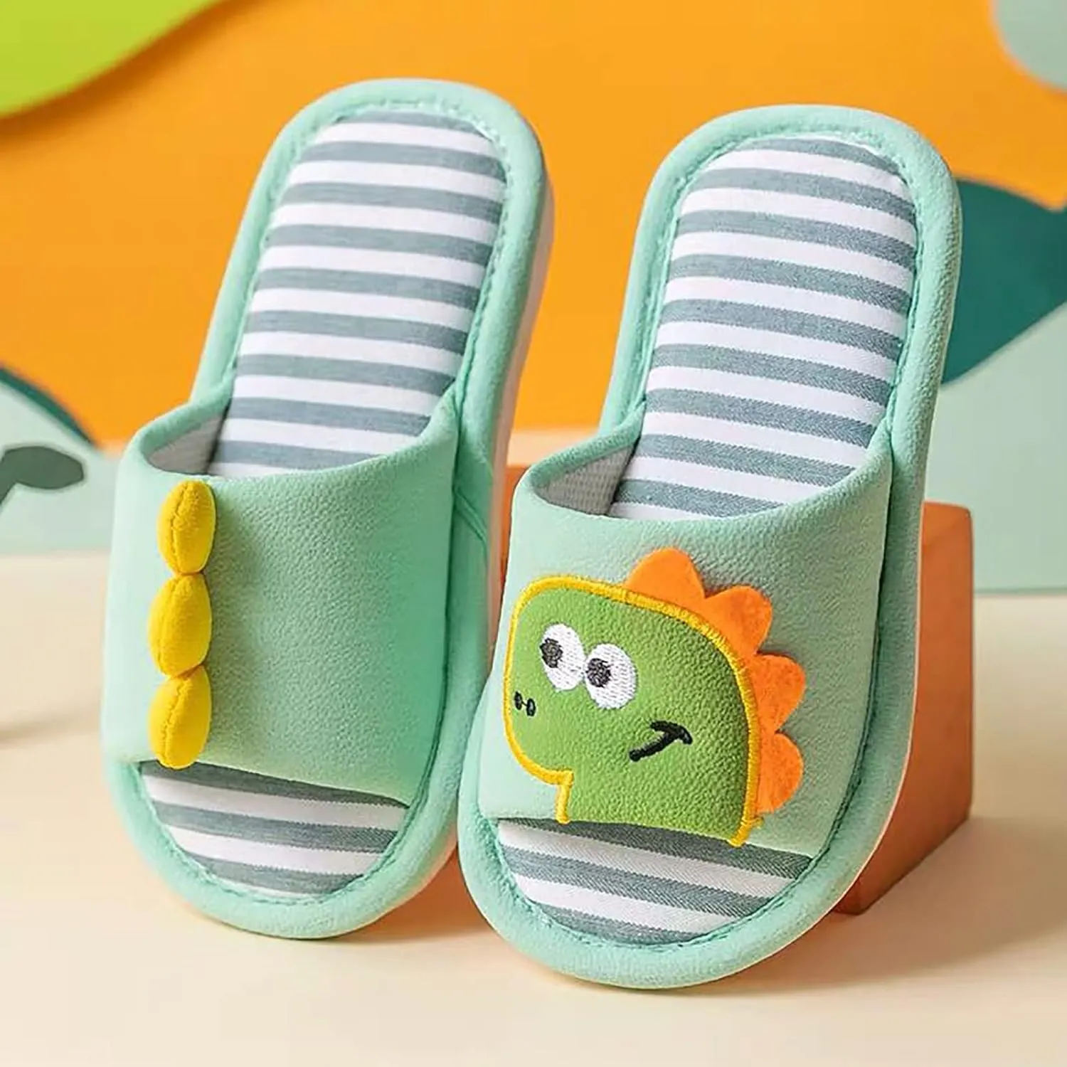 Toddler Summer Open Toe House Slippers Linen Shoes Cute Dinosaur Slippers Slip On Cotton Linen Shoes Boys Slip on Shoes