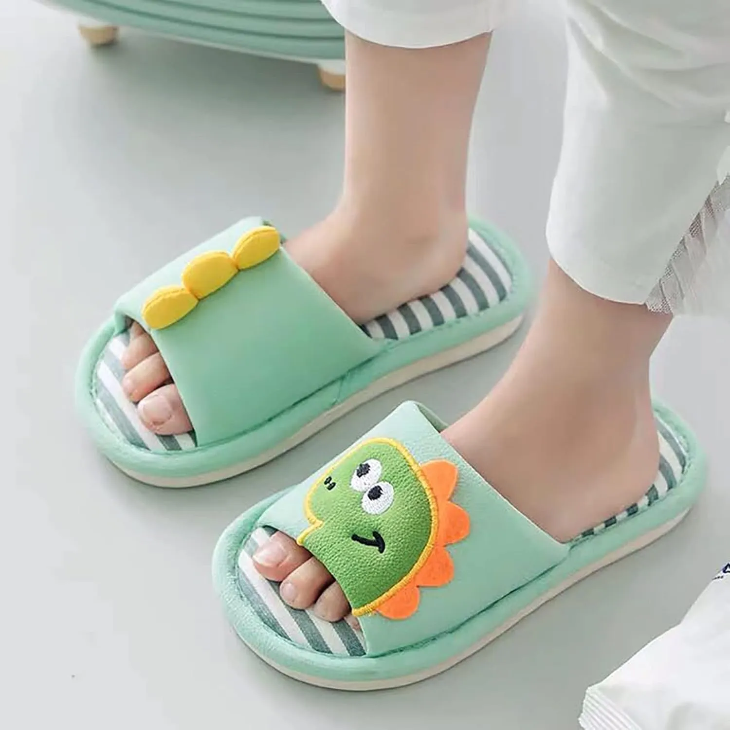 Toddler Summer Open Toe House Slippers Linen Shoes Cute Dinosaur Slippers Slip On Cotton Linen Shoes Boys Slip on Shoes