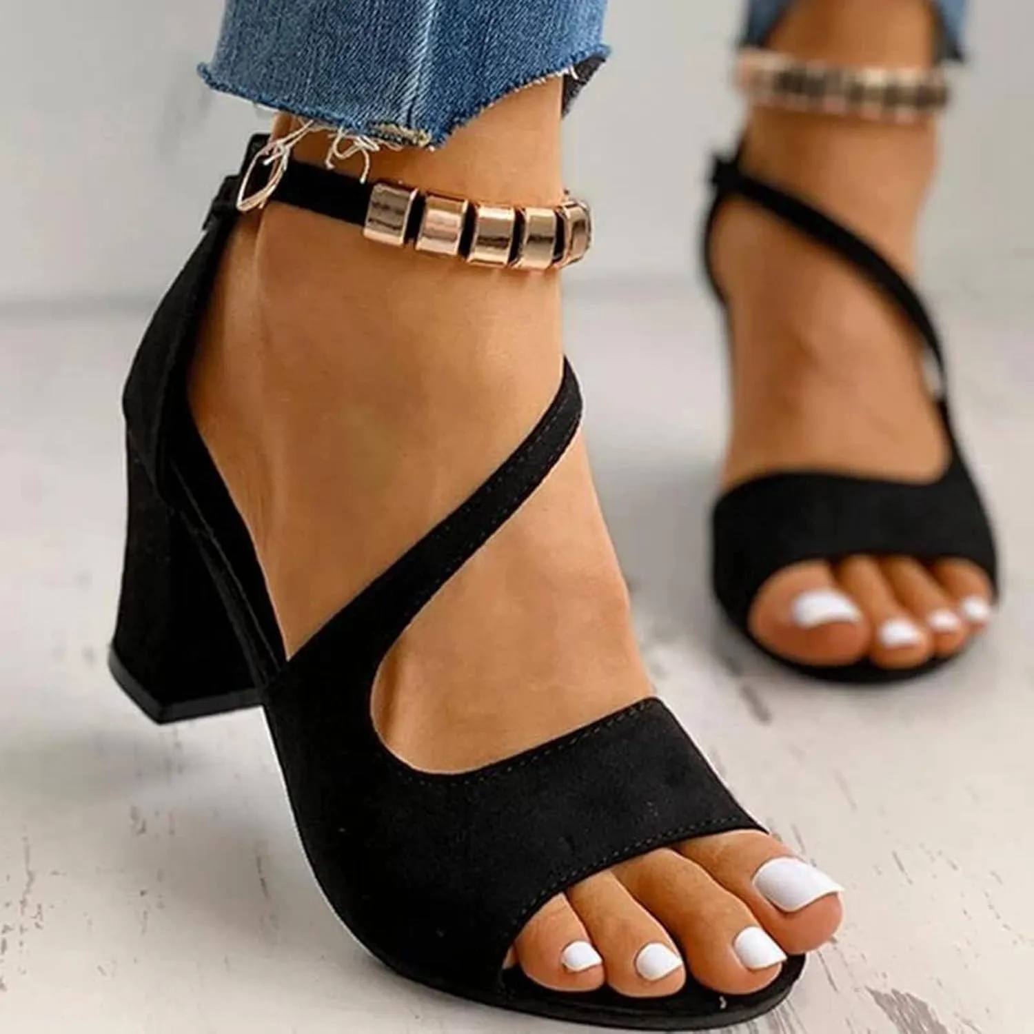 Women Mid Chunky Block Heel Sandals Summer Two Strap Slip on Heels Slide Sandals for Party Wedding Dress Fashion Open Toe Solid Color Backless Beach Casual Party Working Ankle Strap Shoes