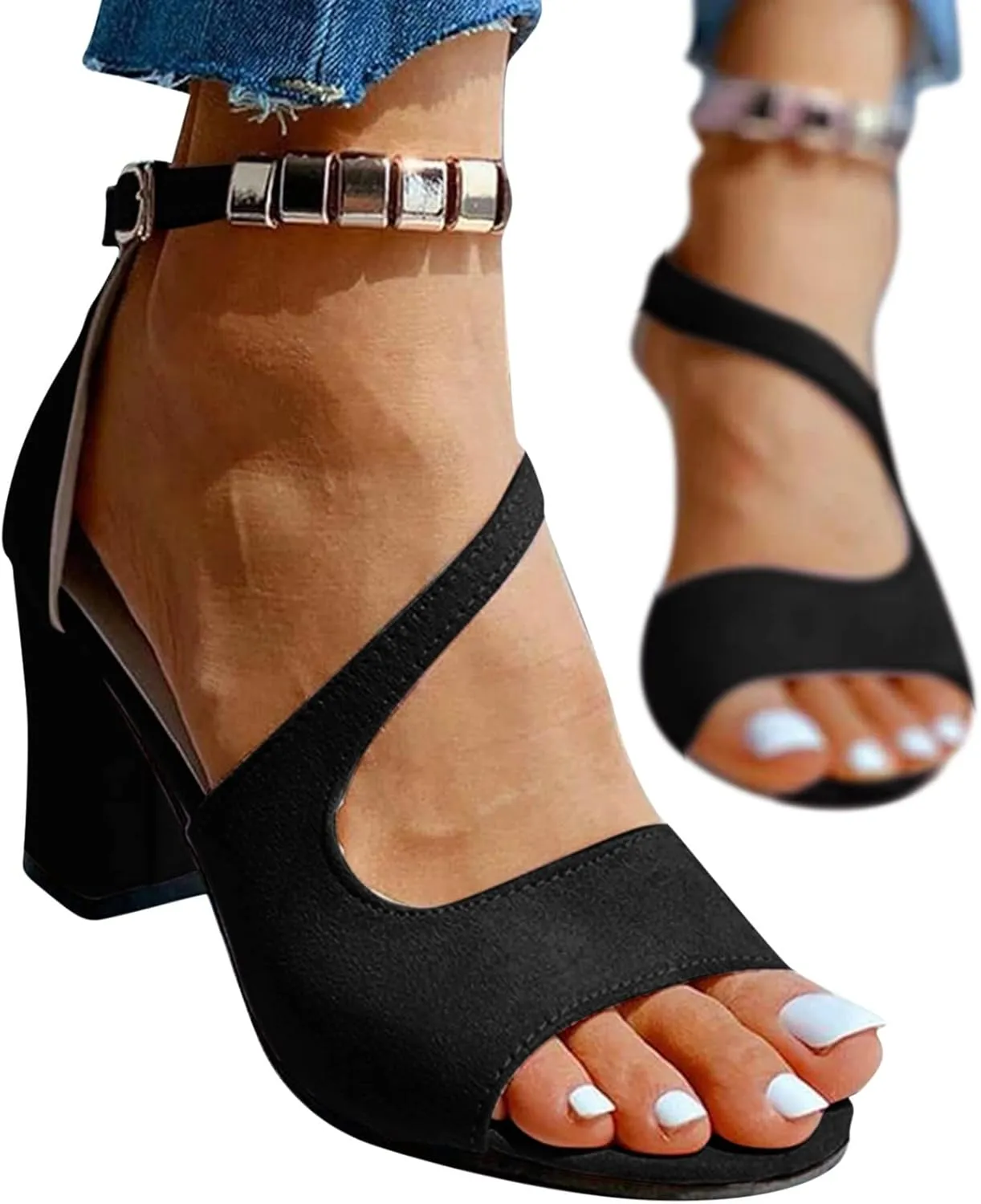 Women Mid Chunky Block Heel Sandals Summer Two Strap Slip on Heels Slide Sandals for Party Wedding Dress Fashion Open Toe Solid Color Backless Beach Casual Party Working Ankle Strap Shoes