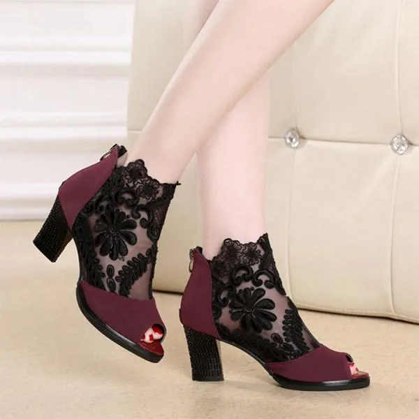 Women'S Chunky Heel Open Toe Lace Sandals 29617810